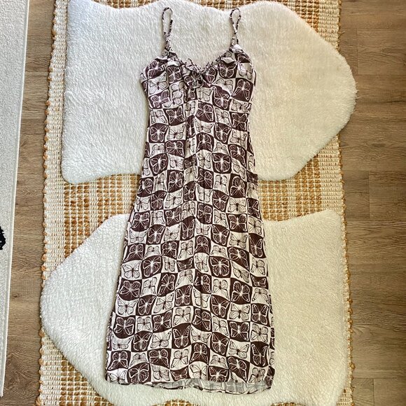 Brown & White Butterfly Checkerboard Midi Dress by Wild Fable – Size XS/S - Picture 1 of 12
